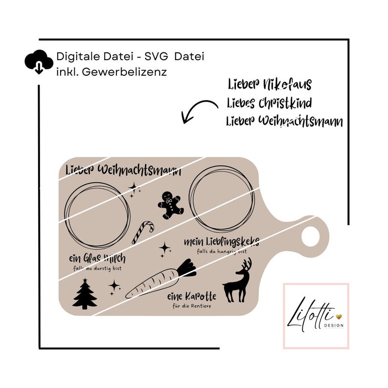 Op de afbeelding: Een bruin houten serveerplank met een handvat, met zwarte illustraties en Duitse tekst. Het ontwerp bevat cirkels, een peperkoekmannetje, een wortel en een hert. Ontworpen voor Kerstmis.