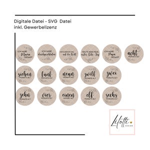 May include: A digital SVG file with various circular designs. Each circle features text in German, such as "Mama gesagt" and "acht Monate alt," along with floral accents. The circles are arranged on a white background.