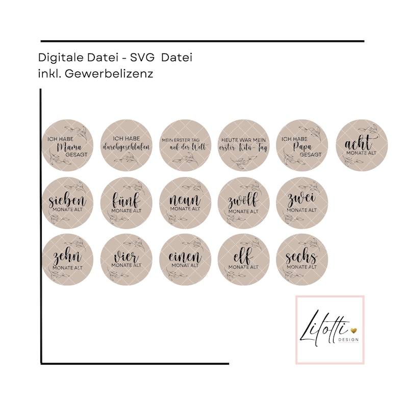 May include: A digital SVG file with various circular designs. Each circle features text in German, such as "Mama gesagt" and "acht Monate alt," along with floral accents. The circles are arranged on a white background.