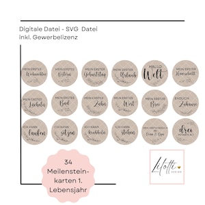 May include: A set of 20 beige milestone cards with black text and floral accents. The cards are round and feature phrases like "My First Christmas," "Hello World," and "I can crawl." A pink label reads "34 Milestone Cards 1st Year."