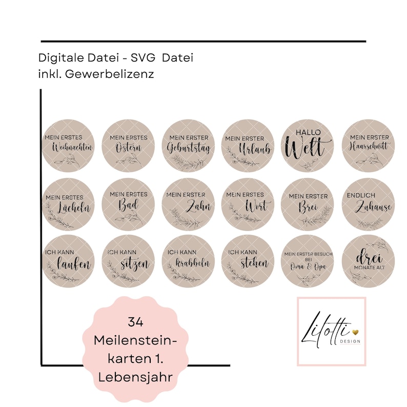 May include: A set of 20 beige milestone cards with black text and floral accents. The cards are round and feature phrases like "My First Christmas," "Hello World," and "I can crawl." A pink label reads "34 Milestone Cards 1st Year."