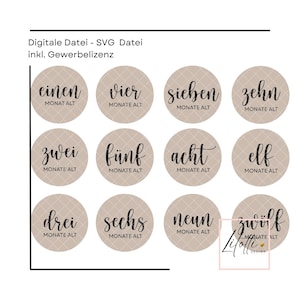 May include: A digital SVG file with a beige background and a grid pattern. Twelve circular labels are arranged in rows, each with a number in German and the words "MONATE ALT" below. The numbers range from one to twelve.