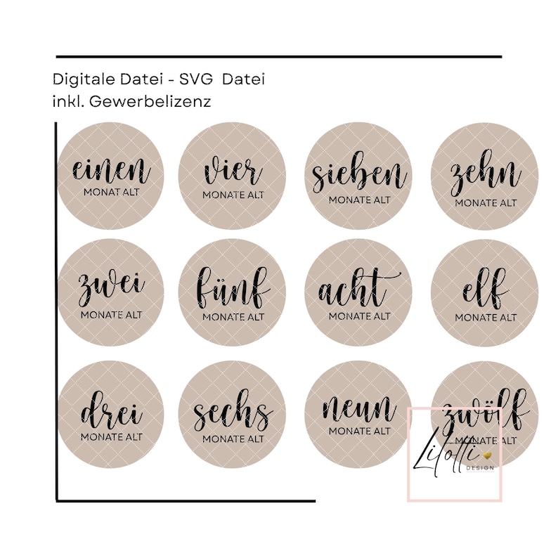 May include: A digital SVG file with a beige background and a grid pattern. Twelve circular labels are arranged in rows, each with a number in German and the words "MONATE ALT" below. The numbers range from one to twelve.