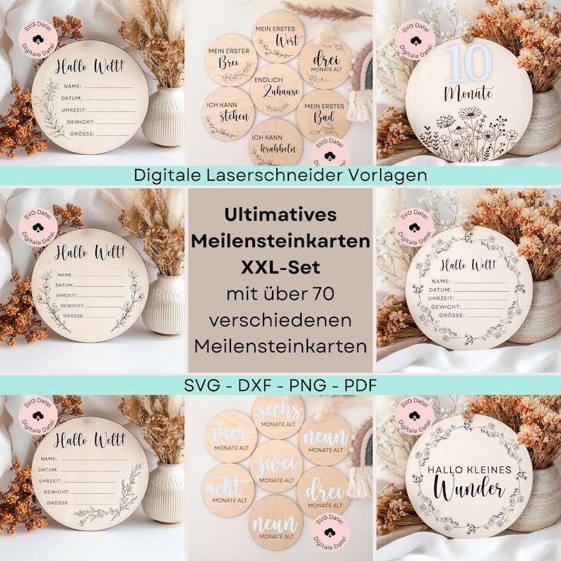 May include: A collection of wooden milestone cards for babies, featuring engraved text and floral designs. The set includes cards for recording baby's milestones, such as "Hello World" and monthly milestones. The text "Digital Laser Cutter Templates" is also visible.