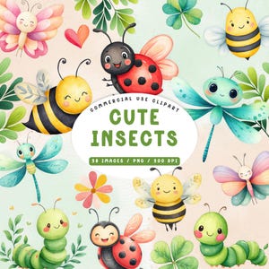 Słodkie owady Clipart, Słodkie robaki Clipart, Wiosenny Pakiet Clipart, Użytkowanie Komercyjne, Pszczoły Clipart, Biedronki, Pobieranie Cyfrowe