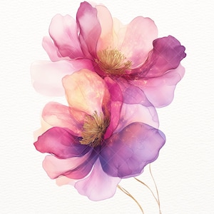Abstract Flowers Clipart, Pink Purple Gold Flower, Watercolor Floral PNG, Digital Download, Scrapbooking, Paper Crafts