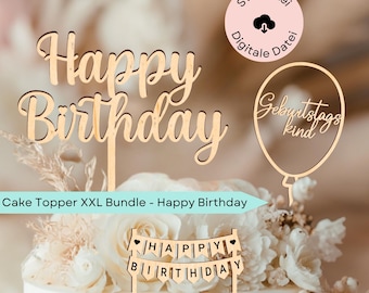 Laser file 19 cake toppers for birthdays, SVG cake topper, cake decoration Happy Birthday, SVG laser cut file including commercial license, XXL bundle