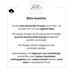 Op de afbeelding: Een digitale bestandsmededeling met het Lilotti Design-logo. De tekst stelt dat er geen fysiek product wordt verzonden en dat de ontwerpen voor commerci&euml;le doeleinden kunnen worden gebruikt. De ontwerpen kunnen worden aangepast of gewijzigd.