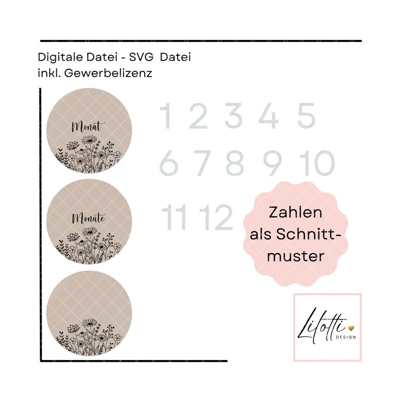 May include: Digital SVG file with the text "Digitale Datei - SVG Datei inkl. Gewerbelizenz". The image features three beige circles with floral designs and the word "Monat" and "Monate". Numbers 1-12 are also present.