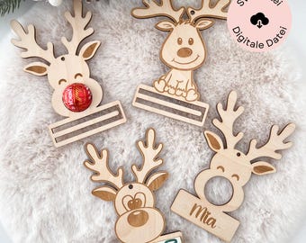 Reno de archivo cortado con láser SVG, soporte de chocolate de reno SVG, regalo de dinero, archivo láser SVG, decoración de árboles, Navidad, reno