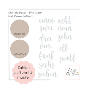 May include: A digital SVG file with the text "Digitale Datei - SVG Datei inkl. Gewerbelizenz". The image includes the words "MONAT ALT", "MONATE ALT", and "Zahlen als Schnittmuster". It also features the numbers one through twelve in German.
