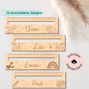 May include: Wooden rulers with engraved names and designs. Each ruler features a name, a measurement scale, and decorative elements like dinosaurs, flowers, hearts, a rainbow, a pencil, and books. The rulers are approximately 15 cm long.