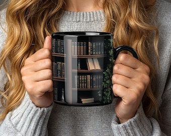 Gothic Mug, Fantasy Bookshelf Coffee Mug, Dark Academia, Witchy Book Lover Gift, Plant Design Mug for Readers, Cozy Home and Reading
