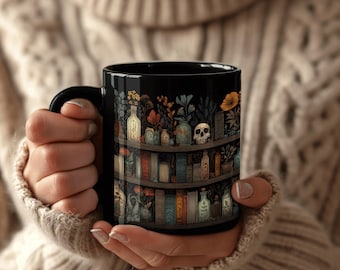 Nature-Inspired Bookshelf Mug, Plant Decor Ceramic Coffee Cup, Perfect Gift for Book and Plant Enthusiasts