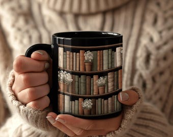 Plant Lover's Bookshelf Mug, Green Plants Coffee Cup, Unique Ceramic Gift for Book and Plant Lovers