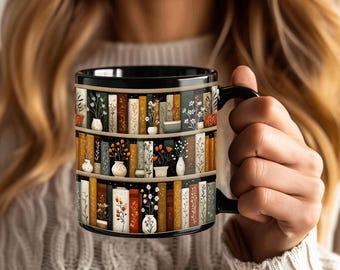 Library Aesthetic Mug, Bookish Decor with Botanical Shelf Art, Cozy Reading Gift, Cottagecore, Warm Tones, Teacher Gift