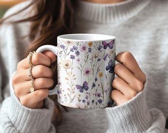 Pressed Wildflower Mug, Lavender and Butterfly Design, Perfect for Tea or Coffee Lovers, Unique Gift for Nature Enthusiasts