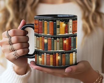 Winter Bookshelf Mug, Bookish Coffee Cup, Snowy Days Mug, Xmas Hot Cocoa Mug, Book Lover Gift, Stocking Stuffer Gift for Book Enthusiast