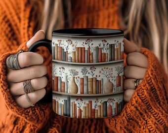 Vintage Bookshelf Mug, Cozy Literary Drinkware with Floral Accents, Aesthetic Coffee & Tea Mug for Book Lovers