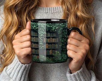Witchy Book Lover Coffee Mug Dark Gothic Bookshelf Design with Plant for Readers Dark Academia Mug for Cozy Home Decor