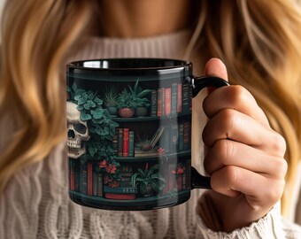 Gothic Medieval Bookshelf Skull Book Cup for Reading Lovers Plant Bookshelf Mug Tea Dark Cottagecore Skull Mug Bookworm Dark Academia Mug