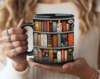 Literary Mug, Botanical Bookshelf Wrap, Cozy Bookish Gift for Literature Lovers, Dark Academia, Fall Colors, Nature Inspired