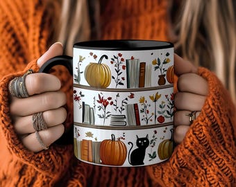 Cute Halloween Bookshelf Mug with Ghosts & Cats, Bookish Coffee Cup, Witchy Black Cat, Reading Lover Halloween Gift for Her, Fall Decor Gift