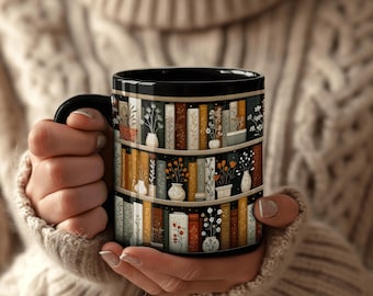 Literary Mug, Botanical Bookshelf Wrap, Cozy Bookish Gift for Literature Lovers, Dark Academia, Fall Colors, Nature Inspired Cup Gift