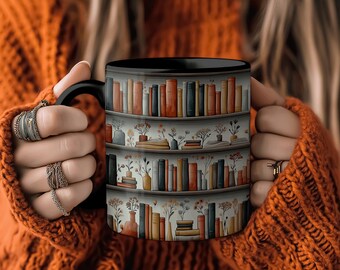 Cozy Cottagecore Mug with Books & Botanical Design, Aesthetic Drinkware for Book Lovers, Home Decor, Gift for Readers, Teachers, Librarians