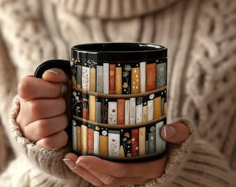 Book Lover Gift Mug, Cozy Bookshelf Illustration, Literary Decor for Readers, Vintage Library Aesthetic, Fall Colors