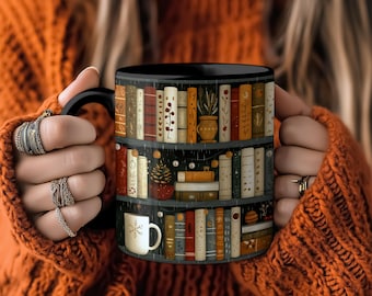 Koffiemok met boekenprint voor boekenliefhebbers, leesmok, gezellige mok met boekenprint, cadeaumok voor in de boekenkast, mok voor warme chocolademelk, leuk cadeau met boekenprint, literaire mok