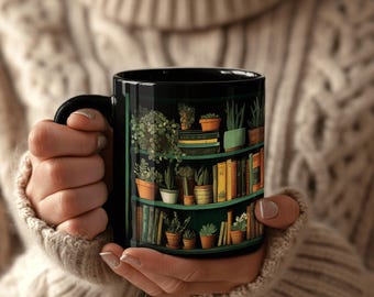 Bookshelf Mug, Green Plants Ceramic Coffee Cup, Plant Lover Gift, Nature-Inspired Book Decor for Coffee Enthusiasts