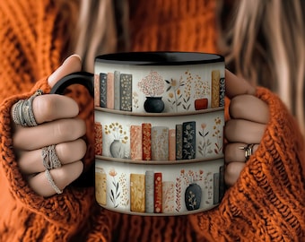 Book Lover Mug with Vintage Bookshelf Design, Cozy Coffee & Tea Mug, Literary Gift for Readers, Cottagecore Home Decor