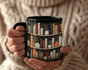 Book Lover Mug with Botanical Bookshelf Illustration, Cozy Library Decor, Fall Colors, Gift for Bookworms & Readers