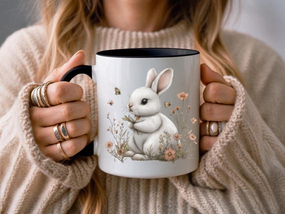 Rabbit Mug Easter Gift Spring Coffee Mug Bunny Rabbit Mug Happy Easter Spring Cup Bunny Mug Spring Gift for Her Cute Bunny Coffee Mug