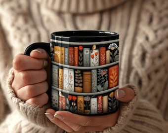 Bookish Decor Mug with Floral Bookshelf Art, Warm Tones, Dark Academia Vibe, Perfect Gift for Literature Enthusiasts