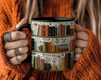 Cottagecore Book Lover Mug, Warm Earth Tones, Botanical Books Illustration, Gift for Teachers and Reading Nooks