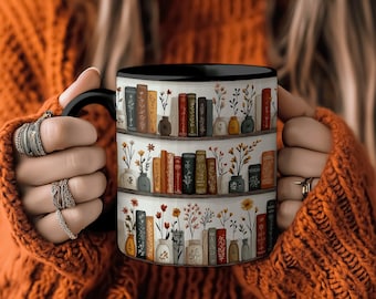 Literary Bookshelf Mug for Book Lovers, Cozy Home Coffee Cup with Botanical Florals, Gift for Teachers & Librarians