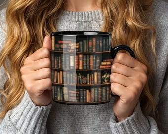 Library Coffee Mug for Teacher Gift Idea for Reader Drink Container for Desk Beverage Holder for Office Reading Accessory for Bookworm