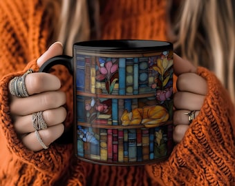 Artistic Coffee Mug, Stained Glass Book Mug, Cozy Reading Mug, Library Mug, Reading Cup, Aesthetic Glassware, Book Lover Mug