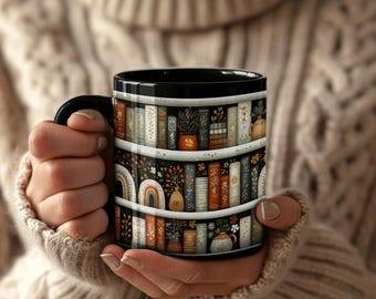 Library Aesthetic Mug, Bookish Decor with Botanical Shelf Art, Cozy Reading Gift, Cottagecore, Warm Tones, Teacher Gift