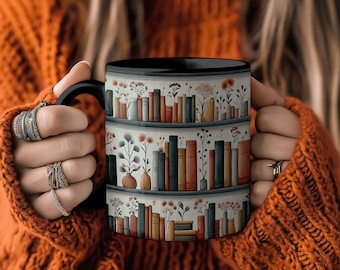 Literary Inspired Bookshelf Mug with Warm Earth Tones, Cozy Coffee or Tea Mug for Reading Nooks, Teacher & Librarian Gifts