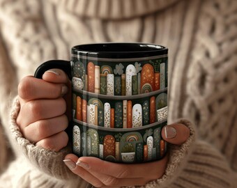 Literary Reader Mug Featuring Botanical Bookshelf Design, Cozy Cottagecore Gift for Bookworms, Teachers & Librarians