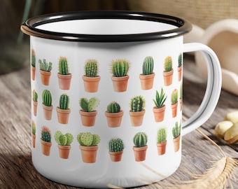 12oz Enamel Camp Cup Featuring Watercolor Cacti, Great Gift for Coffee Lovers, Garden Enthusiasts, and Travelers