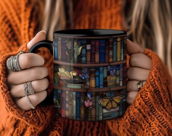 Taza de vitral con forma de libro, taza estética, taza de libros, taza de vidrio con diseño floral, taza de biblioteca, taza acogedora para leer, taza para amantes de los libros