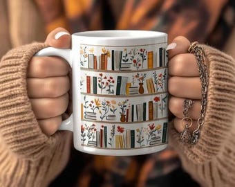 Bookshelf Decor 20oz White Mug for Book Lovers, Bookish Mug, Library Mug, Literary Gift, Reading Mug, Bibliophile Coffee Mug