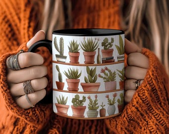 Houseplant Botanical Mug Featuring Cozy Modern Succulents & Cacti on Shelves, Whimsical Plant Illustration for Plant Lovers