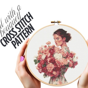 Fille avec des fleurs - Modèle de point de croix (téléchargement PDF) Femme tenant un bouquet - Design élégant au point de croix représentant une femme et un bouquet de fleurs