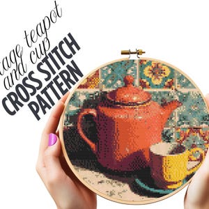 Vintage Teapot and Teacup Cross Stitch Pattern  PDF Download Teapot & Cup Embroidery Pattern  Counted Cross Stitch Chart Instant PDF Pattern