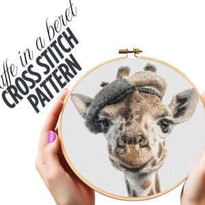 Modèle de point de croix girafe en béret (PDF) Français girafe point de croix téléchargement immédiat girafe avec chapeau motif de broderie animal drôle